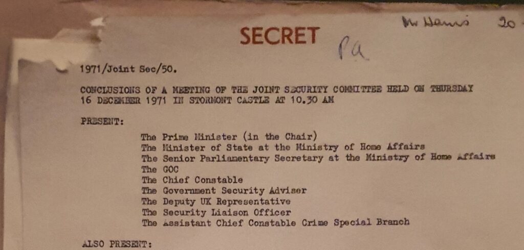 GOC Tuzo's Christmas Message and McGurk's Bar 1 Joint Security Committee Meeting with RUC SB Assessment and Lies 16th Dec 1971 Crop